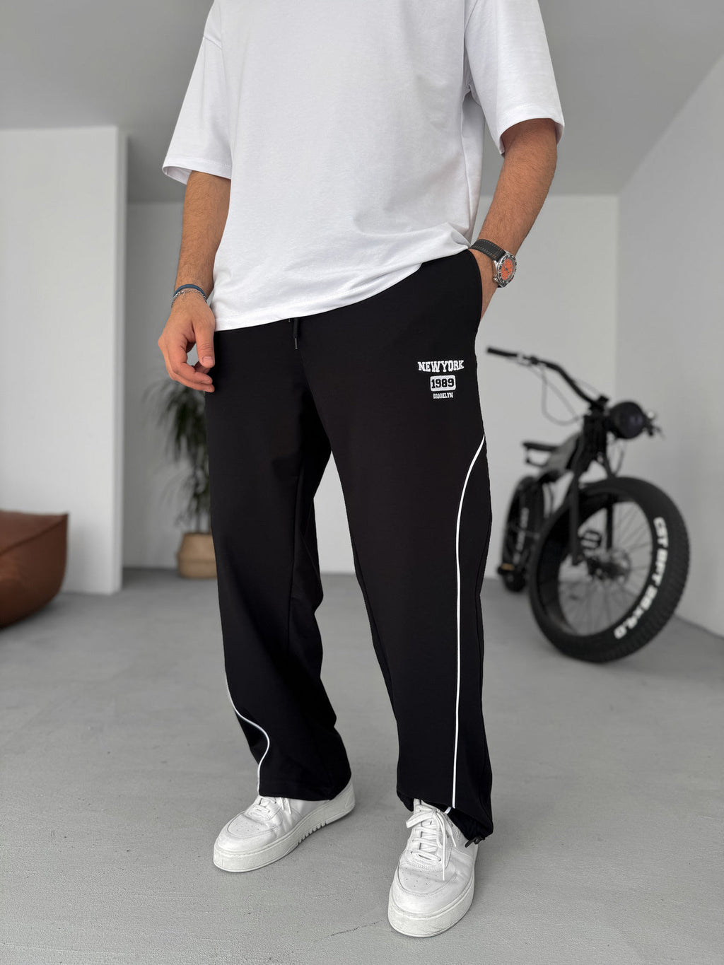 Men's Black Track Pants with Side Stripe