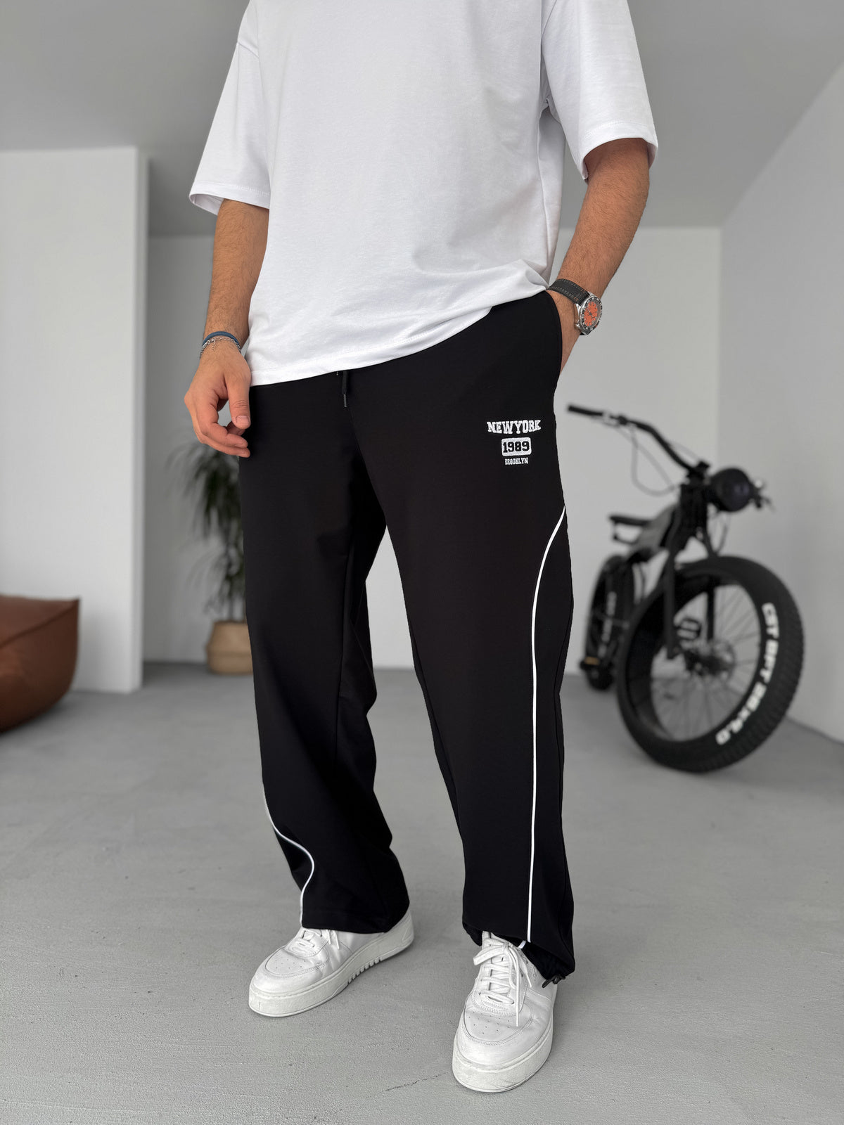 Men's Black Track Pants with Side Stripe