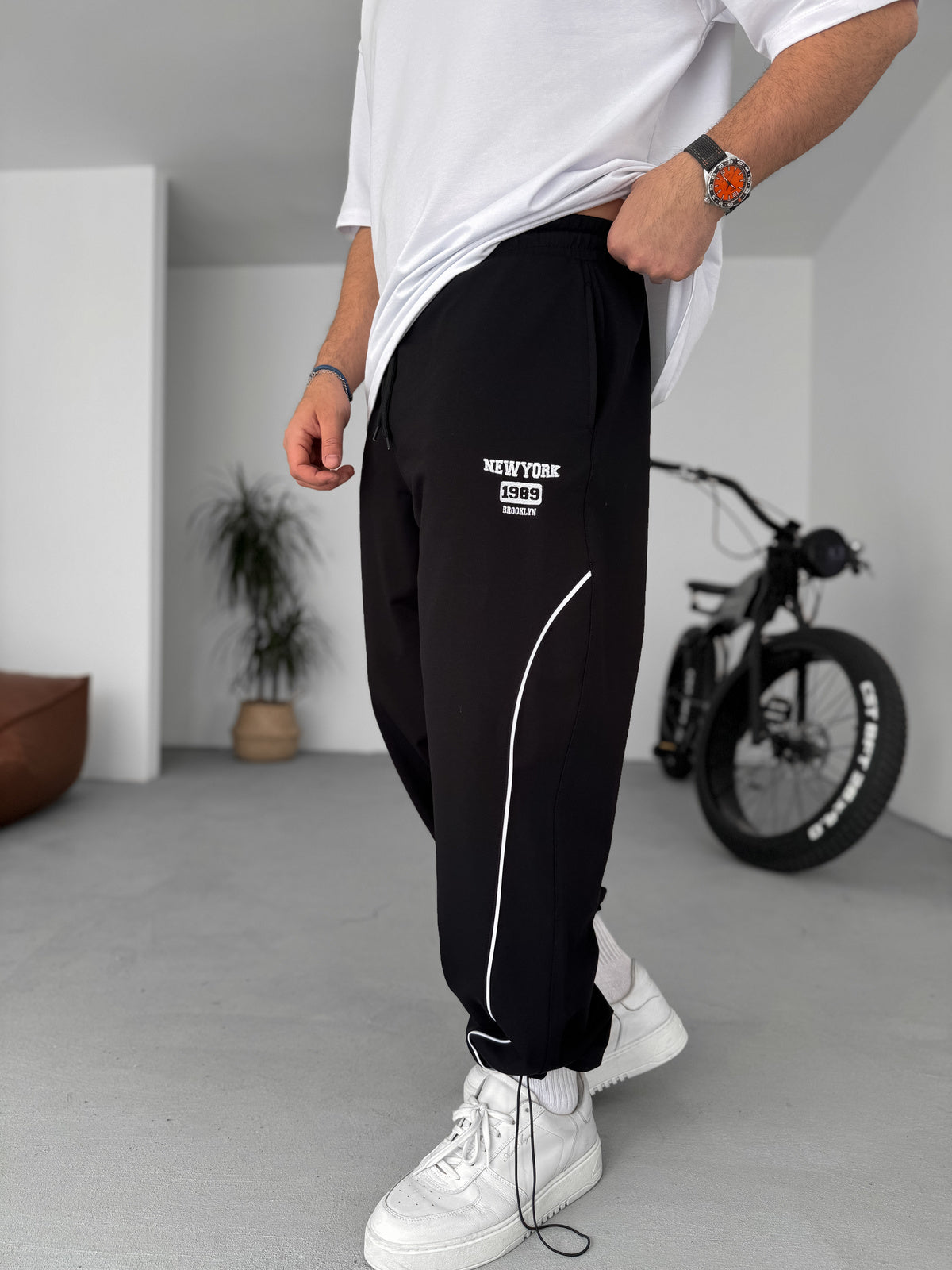 Men's Black Track Pants with Side Stripe