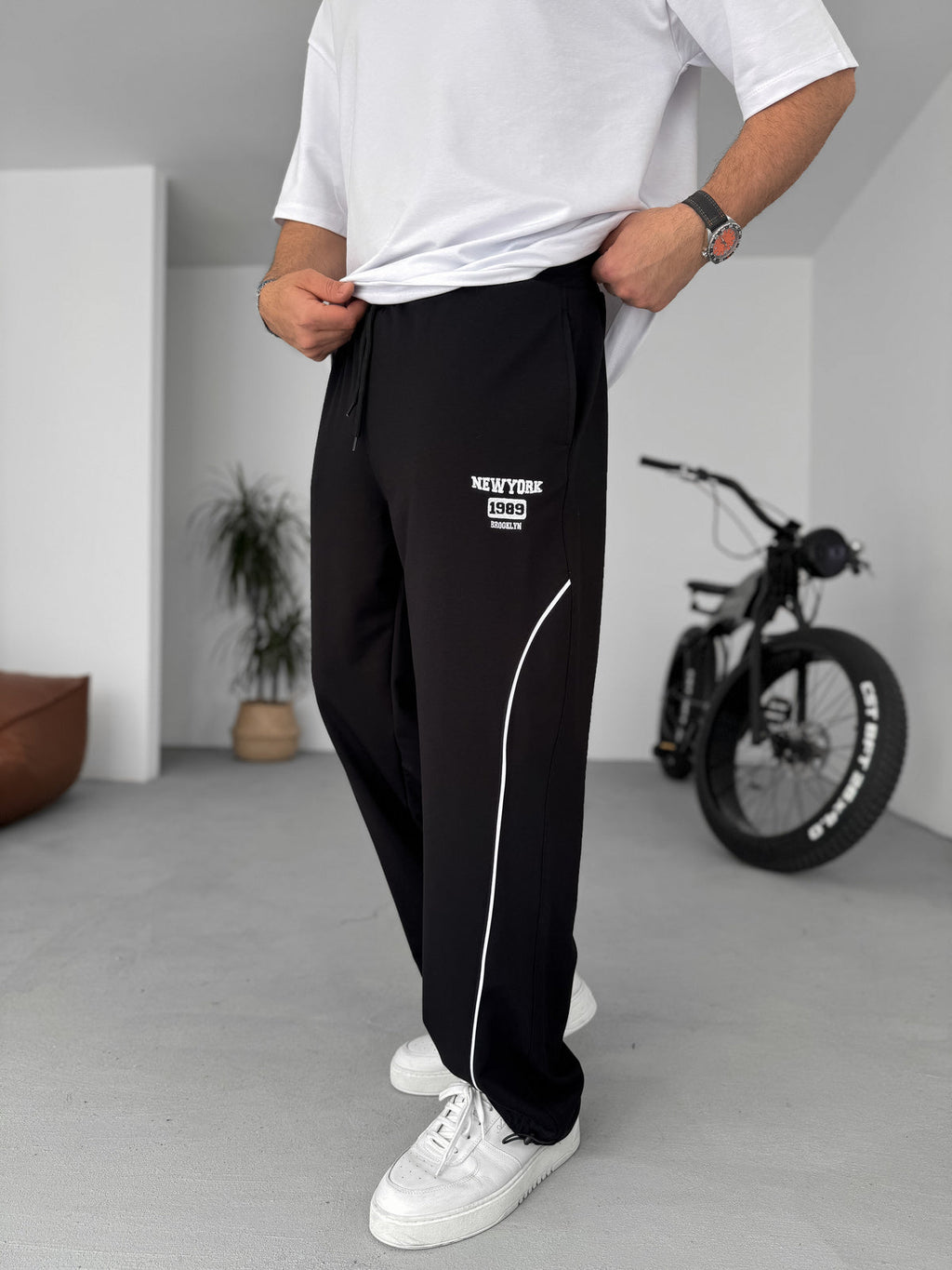 Men's Black Track Pants with Side Stripe