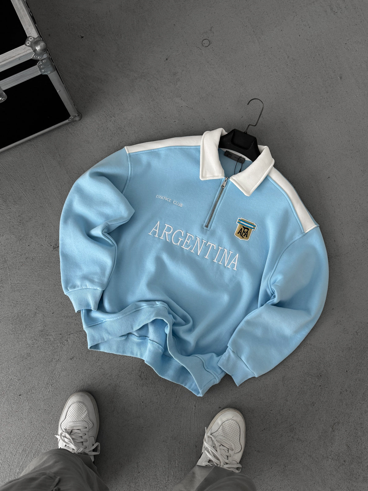 Oversized Sky Blue Cotton Fleece Sweatshirt with White Shoulder Panels